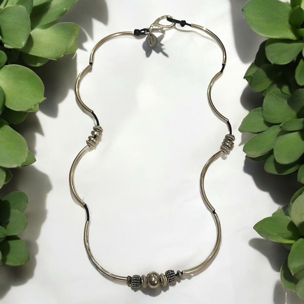 Lizzy James 20” Black Leather Necklace with Silver-Plated Elongated Beads